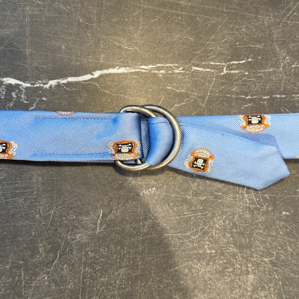 Mens Belt | J Crew | D-Ring | 42 | Blue Skull and Crossbones Crest Embroidered